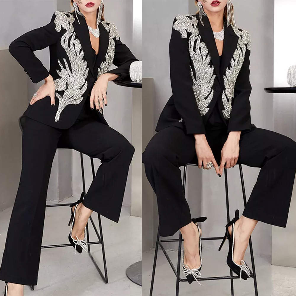 Costumes pantalons à paillettes pour femmes, coupe cintrée, tenue de bal, fête d'anniversaire, tenue sur mesure, veste 2 pièces