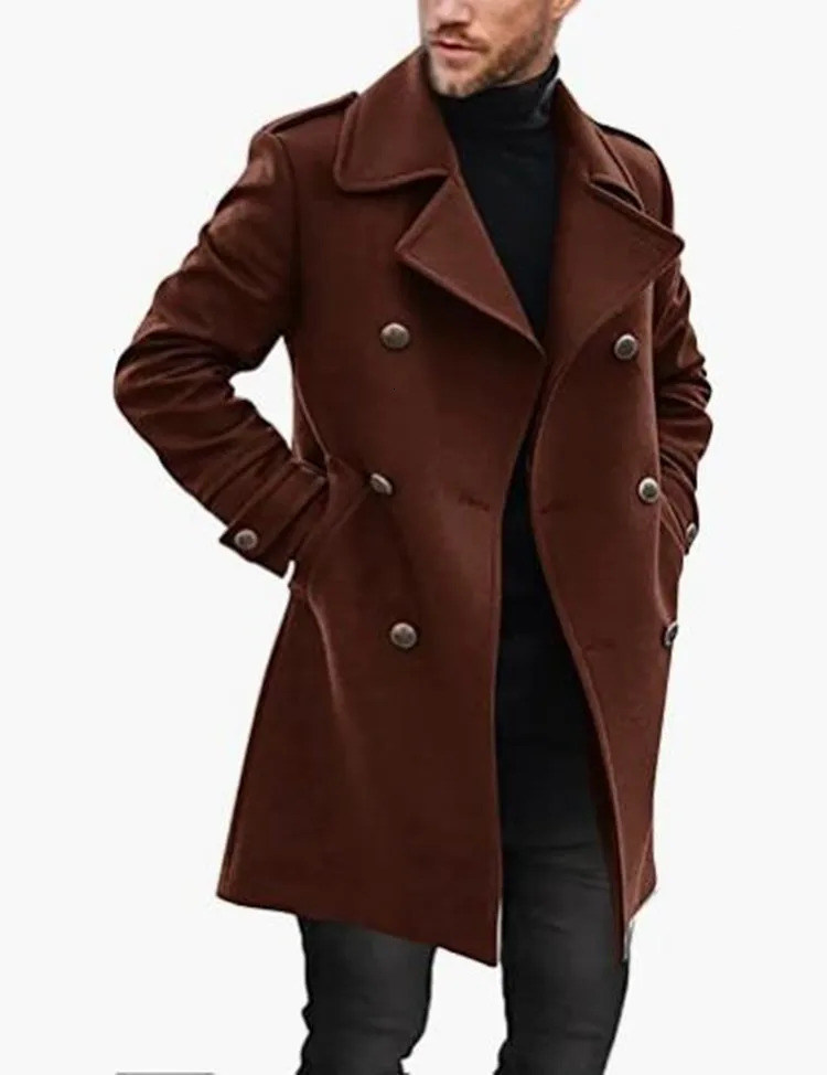 Mens Woolen Coats Lapel Long Coat Jackets Doublebreasted Solid Color Overcoat Autumn Winter Thick Trench Outwear 241108