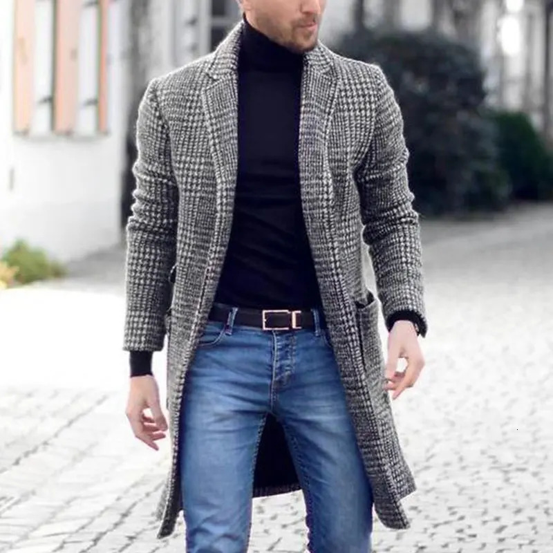 Winter Clothing Mens Fashion Trench Long Woolen Coat Casual Plaid Button Windbreaker Vintage Blends Premium 2024 241107Z
