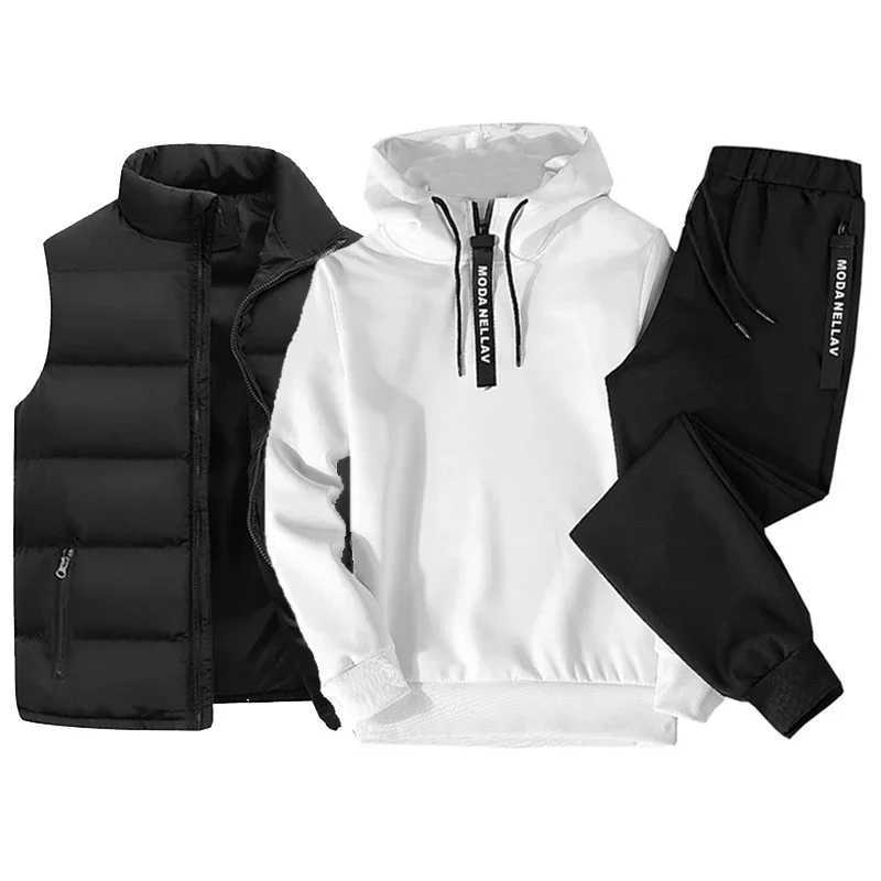 Sweat-shirt à capuche à demi-zip pour hommes + gilet de sport imperméable + pantalon sportif 3 pièces 2024 Nouveau hiver