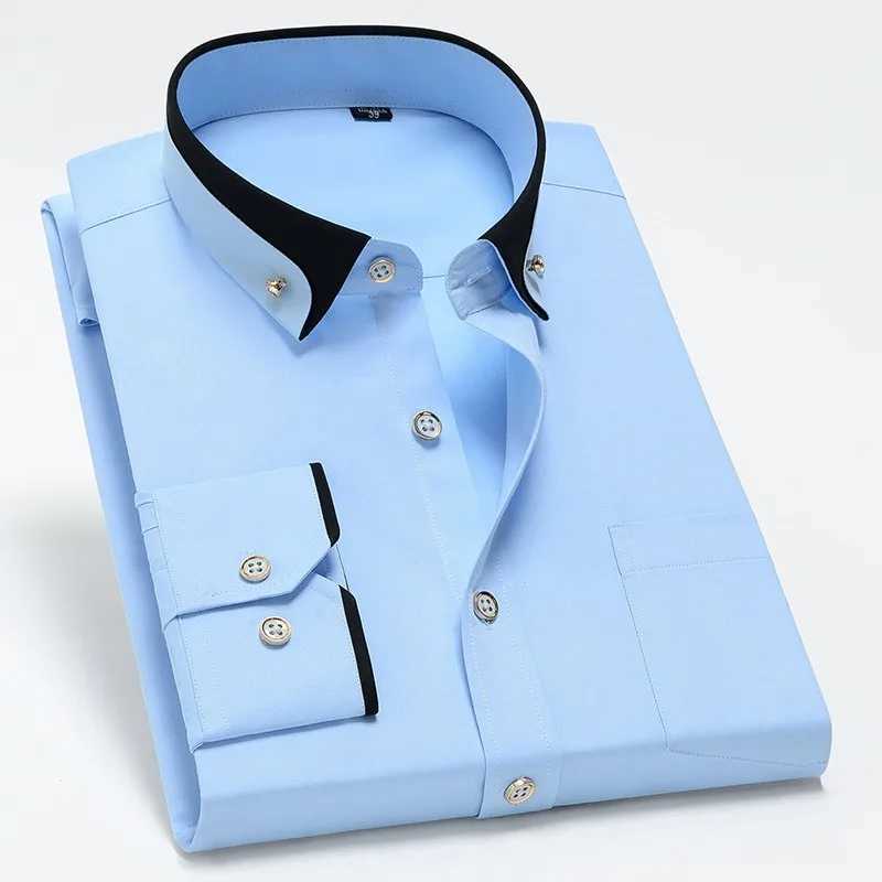 Mens Business Long Sleeve Plain Shirts Contrast Color Collar Formal Dress Shirt Casual Fashion Standard Fit Male Workwear ShirtsXJ24113