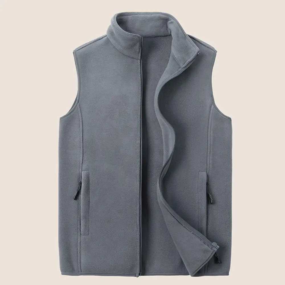 Mens solid color vest mens polar wool vest with stand up collar double-sided pockets zipper autumn solid color W241113