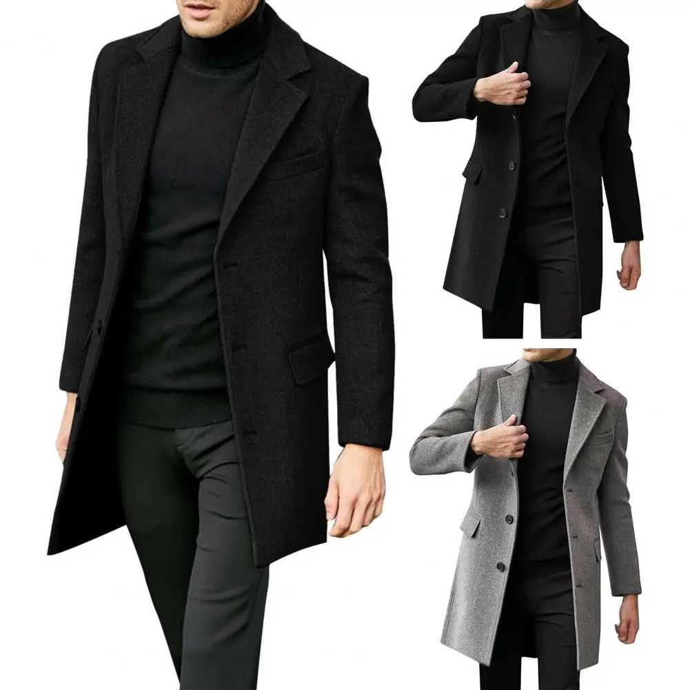 British Style Men Woolen Coat Flap Pockets Singlebreasted Elegant Blazer Trench Midlength Long Winter Warm Overcoat 241107Z