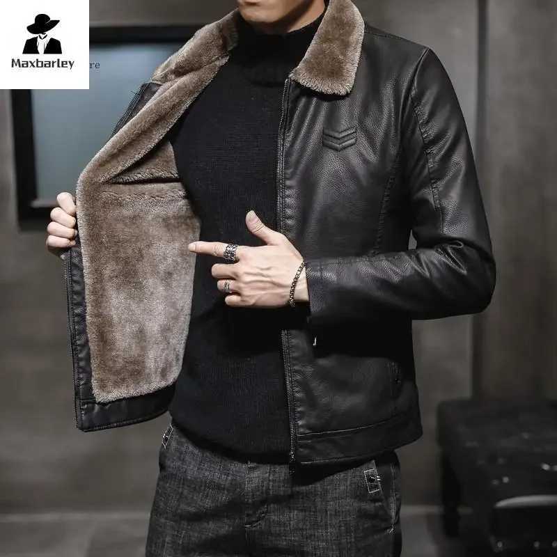 Autumn and winter leather jacket for mens business thick faux fur collar windproof and warm PU jacket for mens brand motorcycle jacket W241113