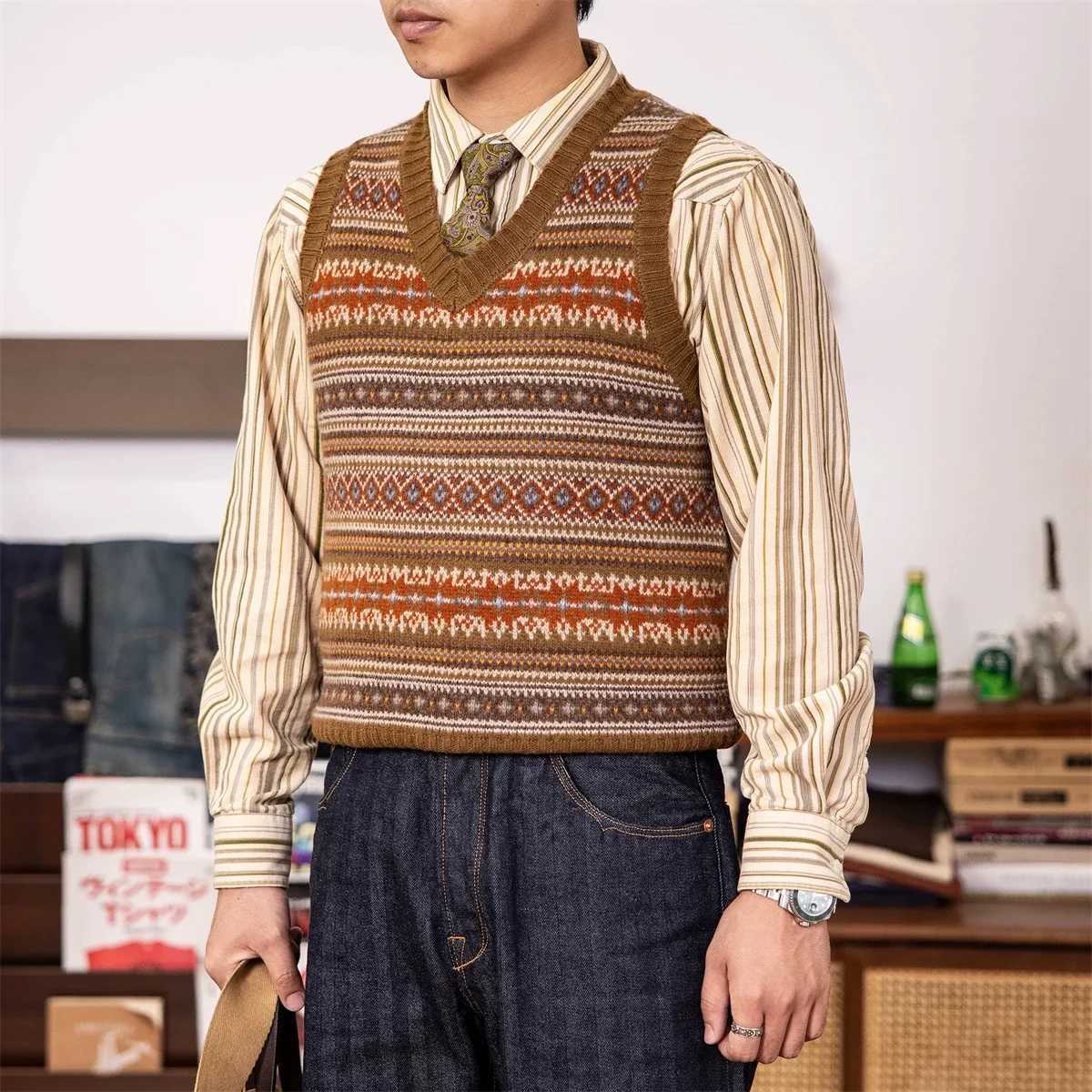 Red Tornado Expo 00% wool knitted vest retro fashion V-neck sweater mens and womens waist coat W241113