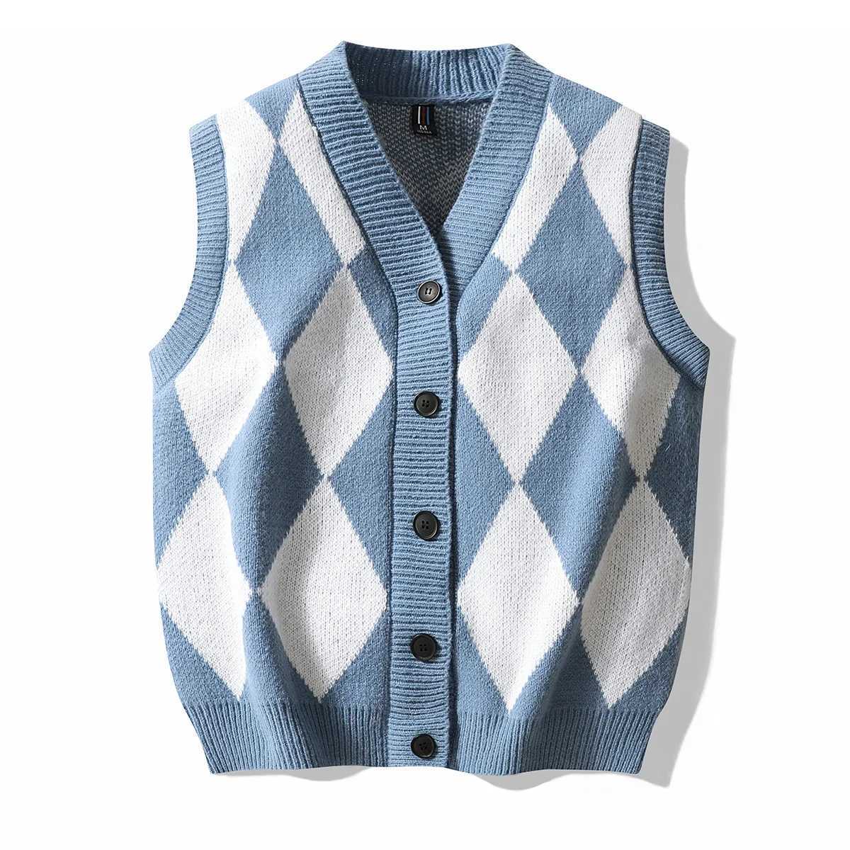 Mens plain weave sweater vest sleeveless V-neck button open vest fashionable office knitted vest classic vest W241113