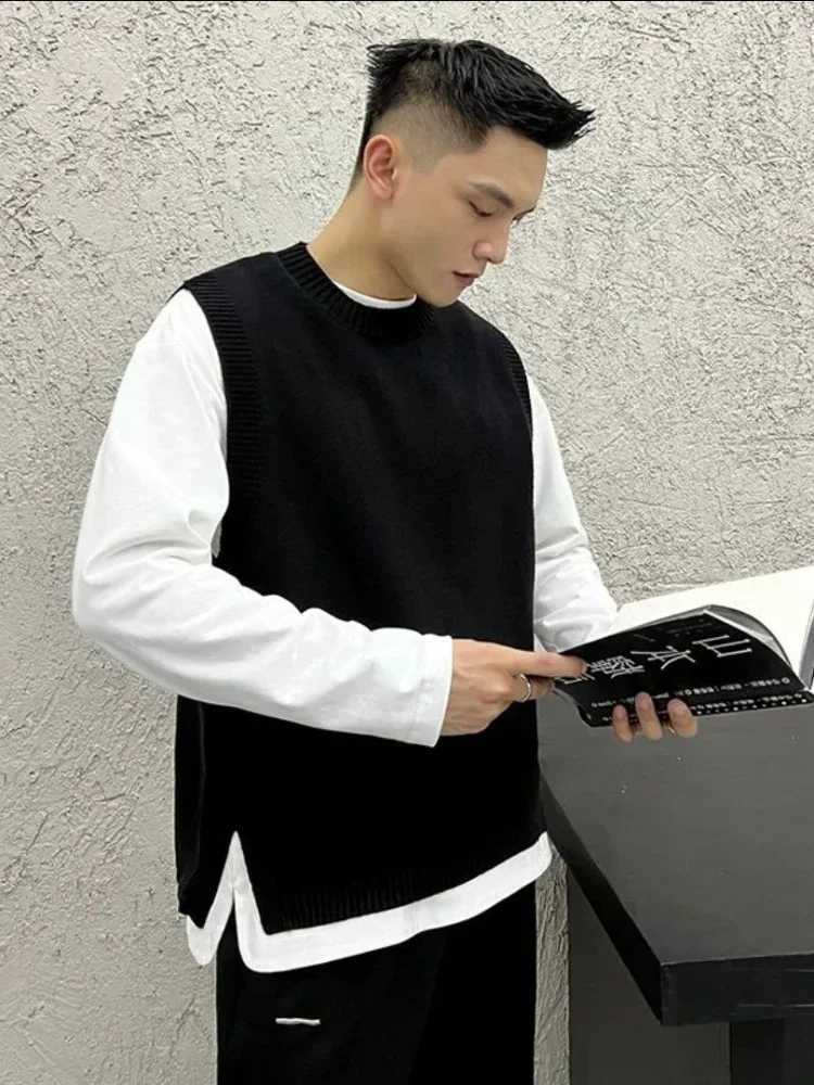 Round neck mens clothing waistband business sleeveless black vest Crewneck knitted sweater mens old Japanese Harajuku fashion X W241113