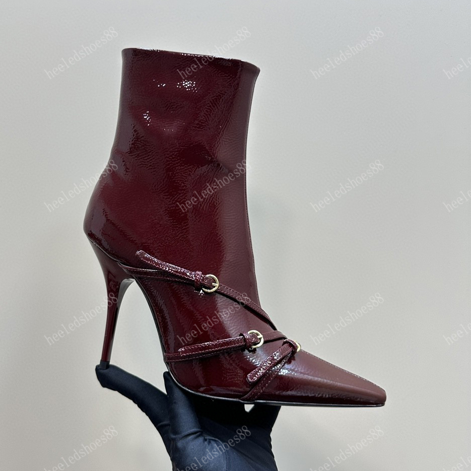 Designers boots shoes for womens Classic Button Patent Leather 10.5cm Stiletto Heel 5.5cm Kitten Heel Small Square Toes Zip Roman bootie 35-41 Co