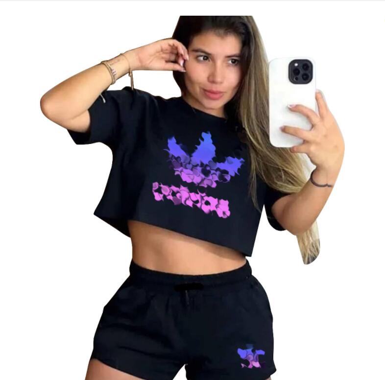 Designer Women's Tracksuits d'été nombril sexy exposé à encre blanche Hot Stamping Shorts à manches courtes tenue Femmes Sigdonnages de jogging e