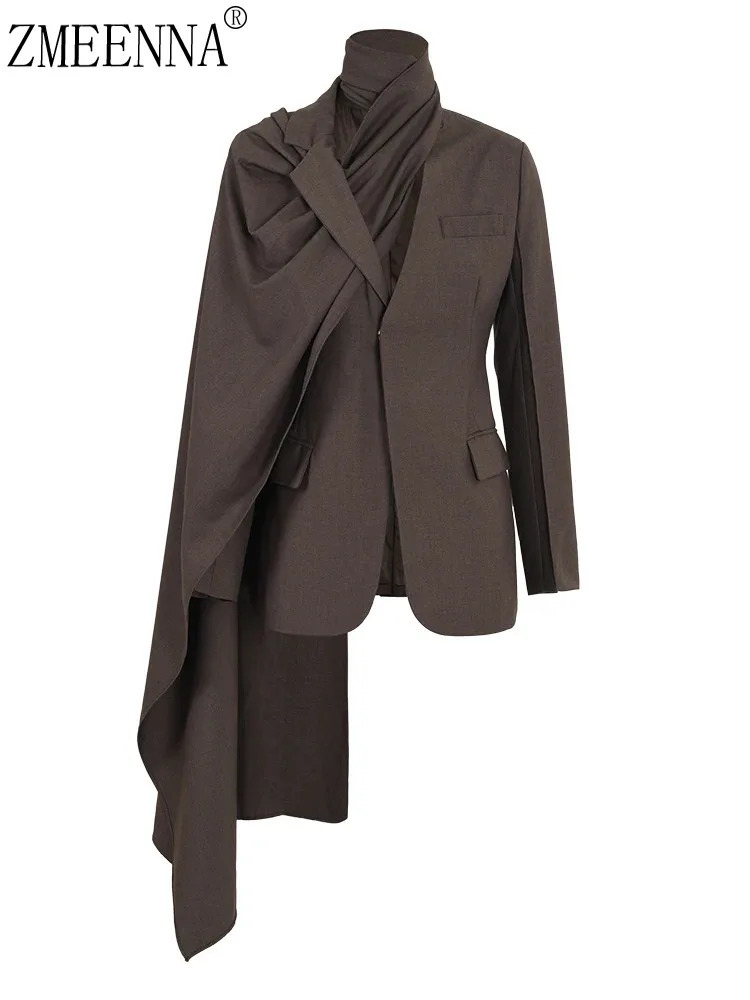 ZMEENNA Coffee Irregular Scarf Elegant Blazer Women Lapel Long Sleeve Loose Jacket Fashion Spring Autumn 2024 XF2235 241113