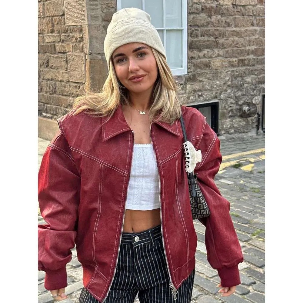 Women Chic Contrast Red Jacket Fashion Lapel Long Sleeve Zippered Leather Coat Autumn Female Elegant Streetwear