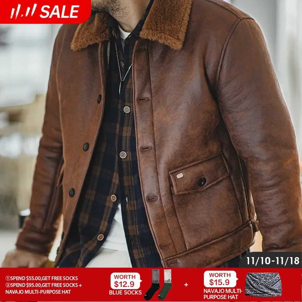 Maden vintage bomber pilot jacket leather jacket with suede collar synthetic cashmere lining mens winter warm motorcycle jacket W241113