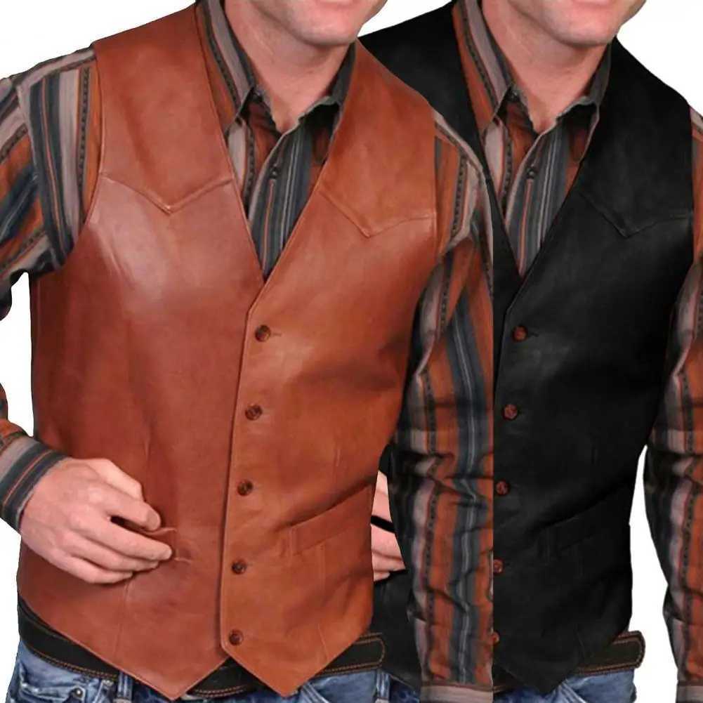 Veste en cuir masculin V couche mono-poitrine occidentale sans manches gise de gaignement de moto