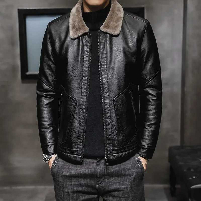 Winter leather jacket mens new fashionable lapel plush thick fur casual mens leather jacket fashionable jacket W241113