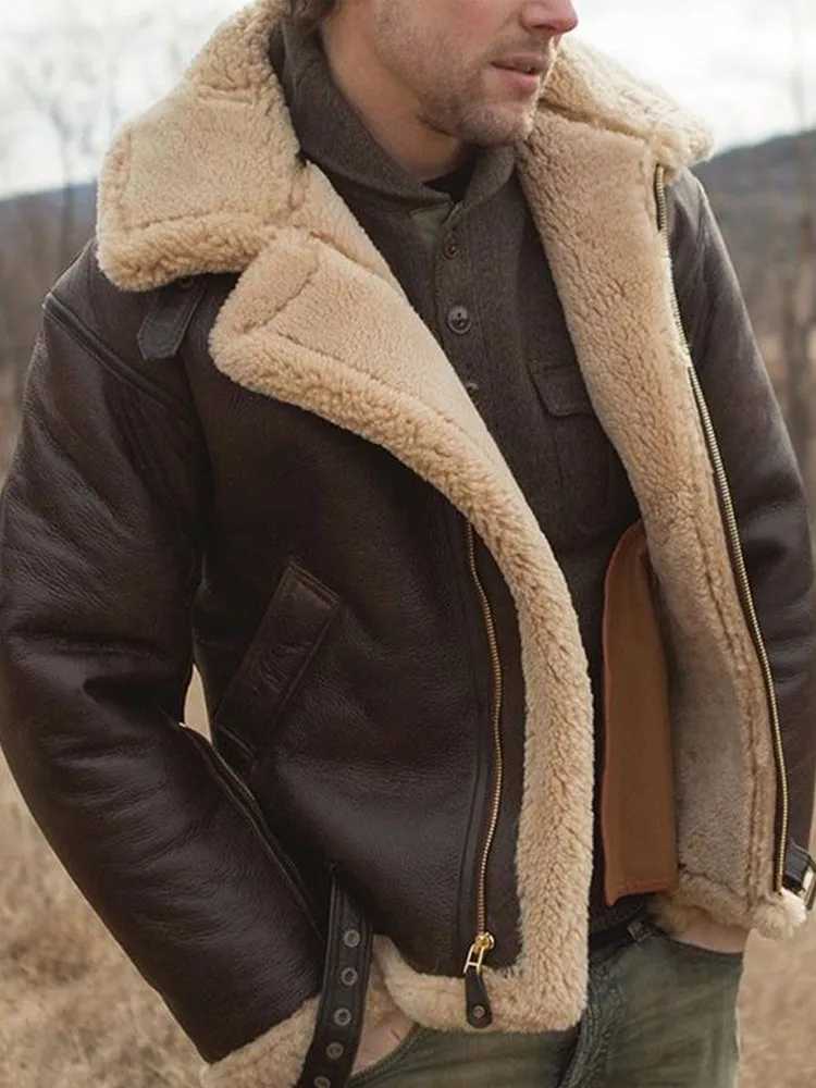 2024 Winter Artificial Leather Fur Coat Mens Fashion Collar Long Sleeve Wool Jacket Mens Thick Zipper Pocket Fur Coat W241113