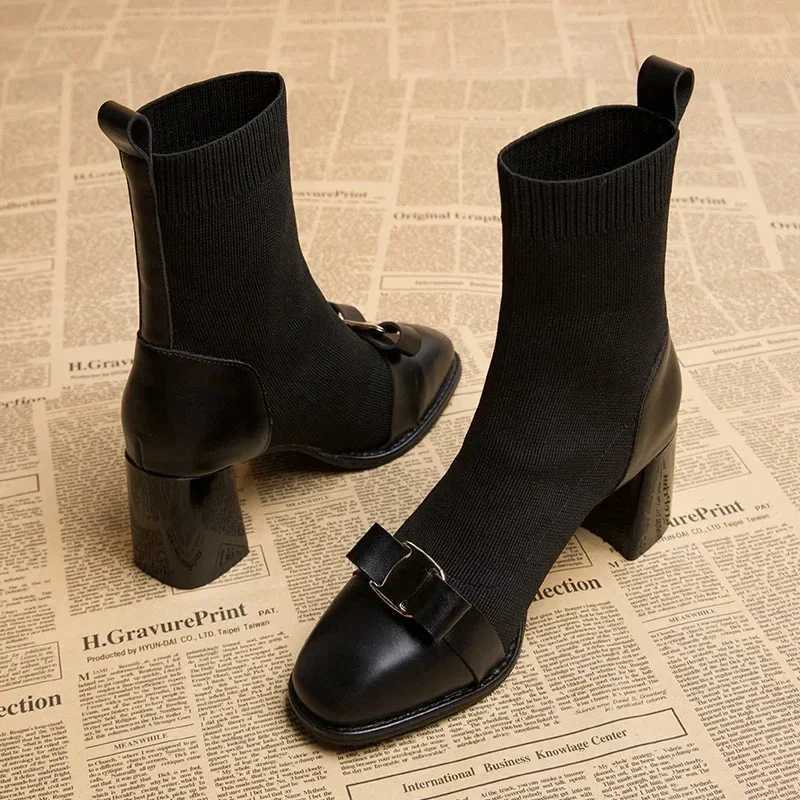 High Quality Autumn Knitted Ankle Boots Fi Metal Decorative Weight Loss Short Boots Autumn Winter Womens Thick Boots T241113