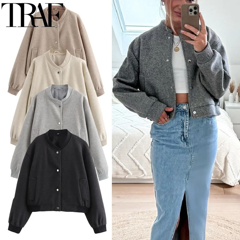TRAF Cropped Bomber Jackets For Women Autumn Long Sleeve Baseball Jacket Woman Fashion Winter Button Streetwear 241113
