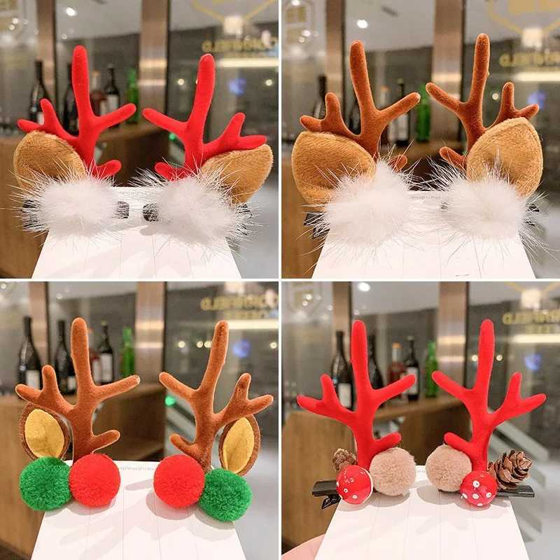 1 pair of Christmas hair clips plush reindeer ear hair clips Santa Claus snowman bucket childrens role-playing headwear New Year W241113