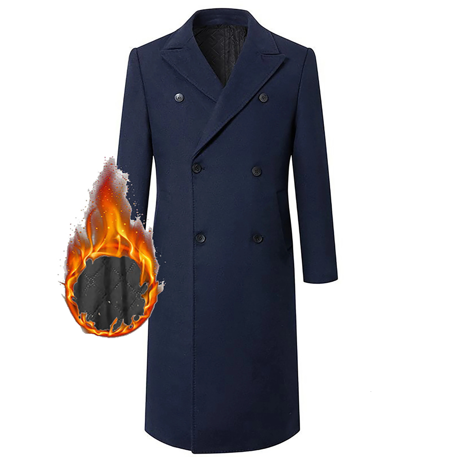 Mens autumn and winter thick padded long knee length woolen coat mens double breasted slim fit trench 241107Z