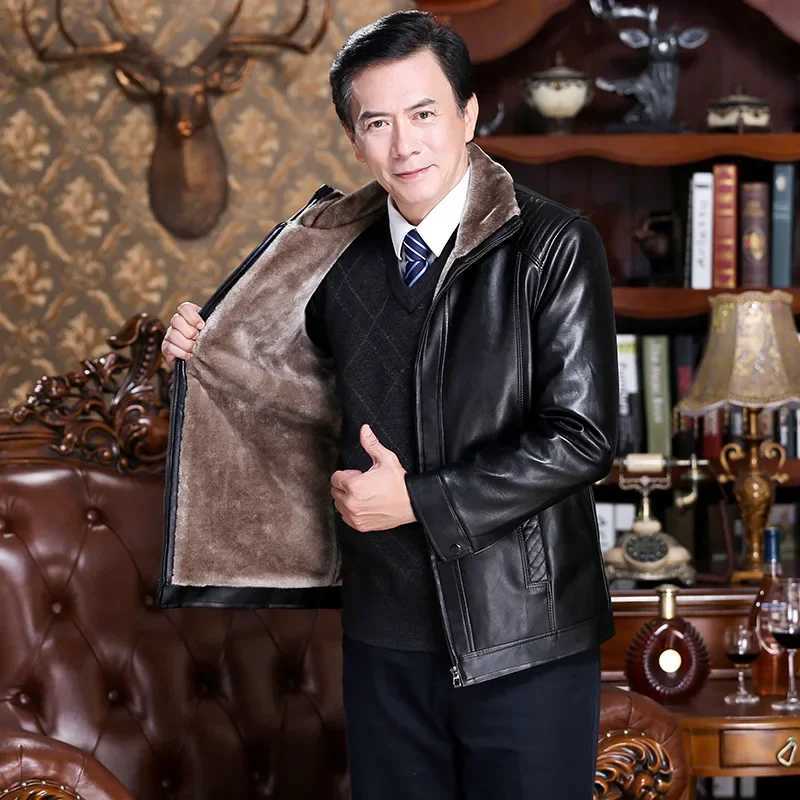 Middle aged and elderly wool lining and thick PU leather jacket with casual style integrated Haining mens fur coat W241113