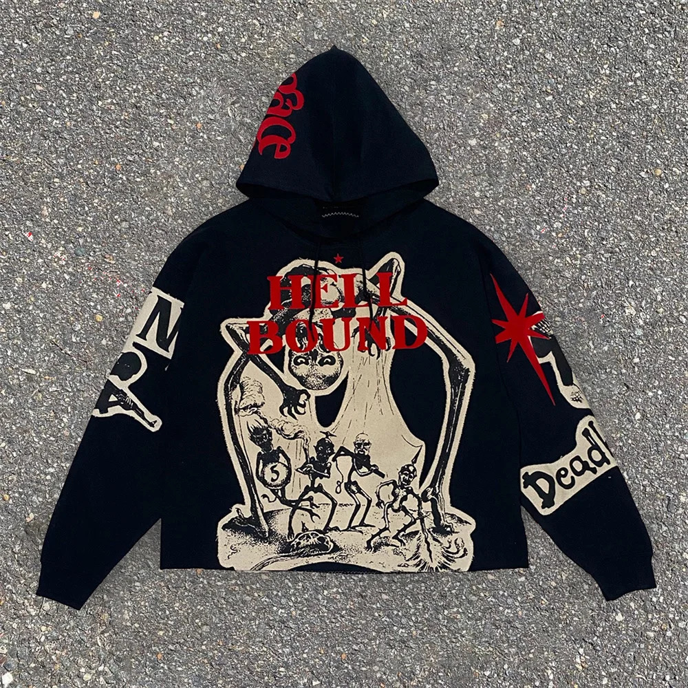 Outerwear Harajuku Casual Gothic Hooded Skull Print Hoodie Mens Retro Elastic Long Sleeve Loose Jacket Sweatshirt Y2K Streetwea 241113