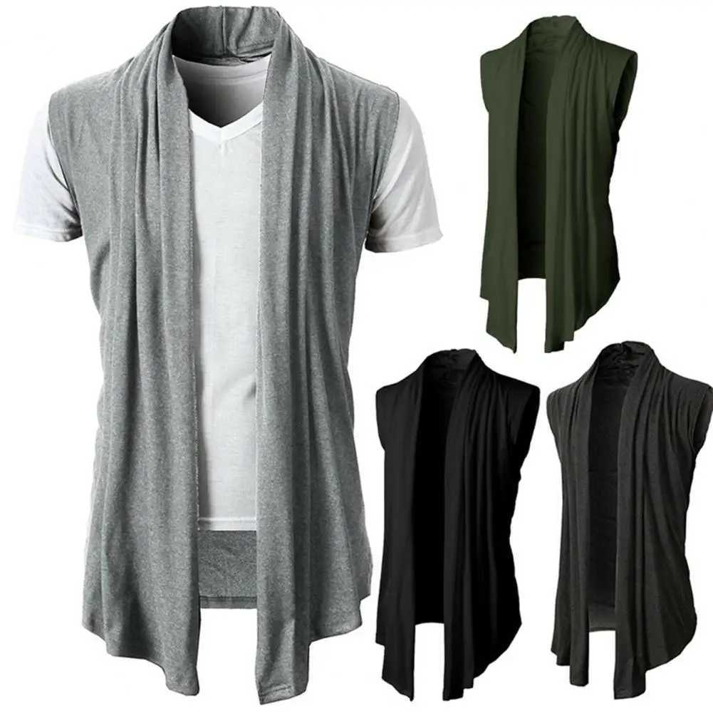 Spring and Automne Mens Viete décontractée cardigan sans manches Veste de couleur solide cardigan gilet d'ourlet irrégulier W241113