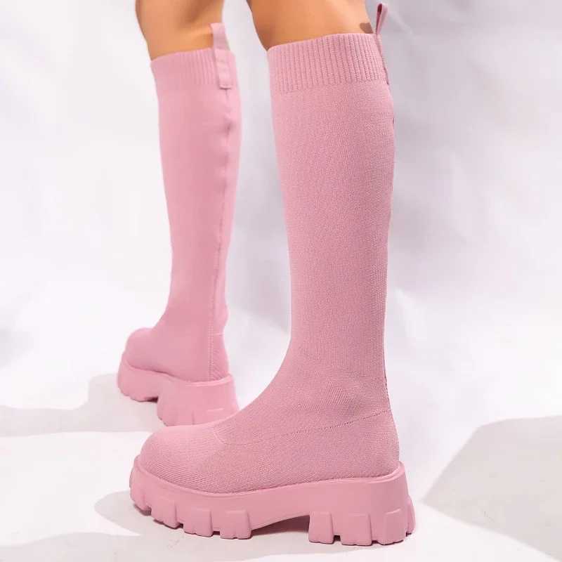 High Quality thick soled knitted boots plain fi street socks and shoes knee high boots round fi boots T241113