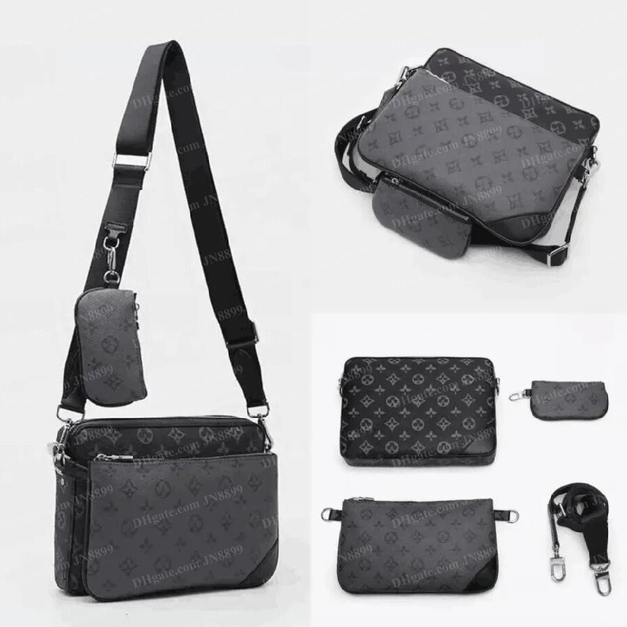 JN8899 Designer Bags Men 3pcs Sets Trio Leather Black Flowers Messenger Purse Crossbody Bags Shopping Bag Plain Shoulder Bag Handbags Women Walle-image-965139547