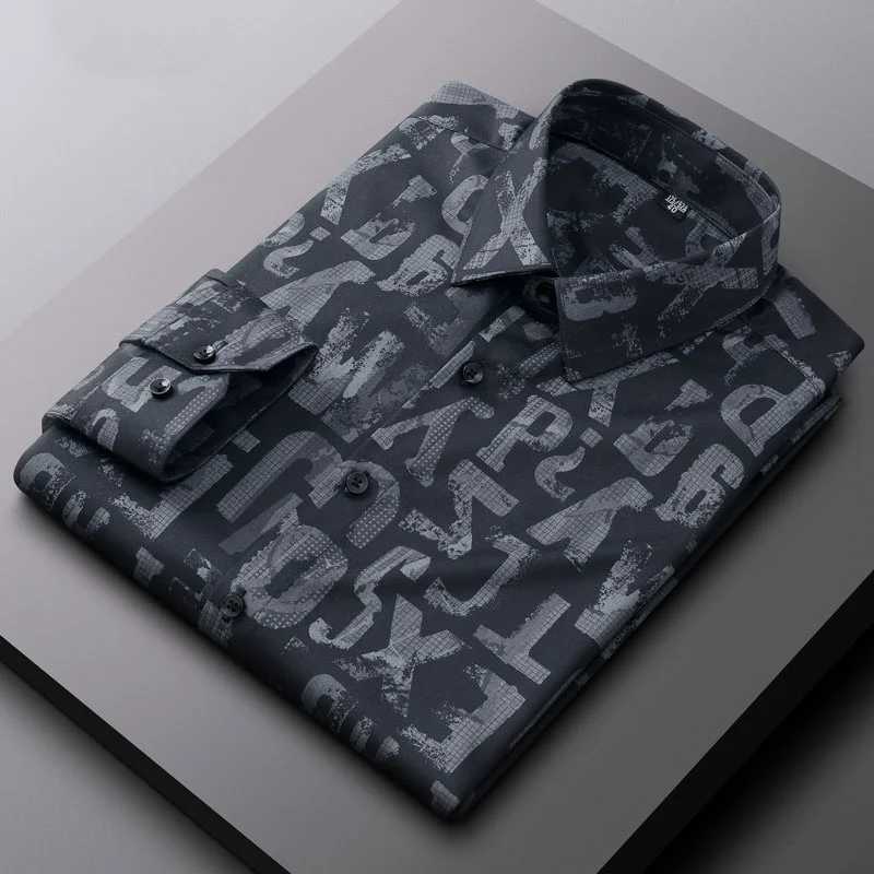 2023 mens spring new printed stretch bamboo fiber long sleeve retro fashion business casual slim mens printed striped shirtXJ24113