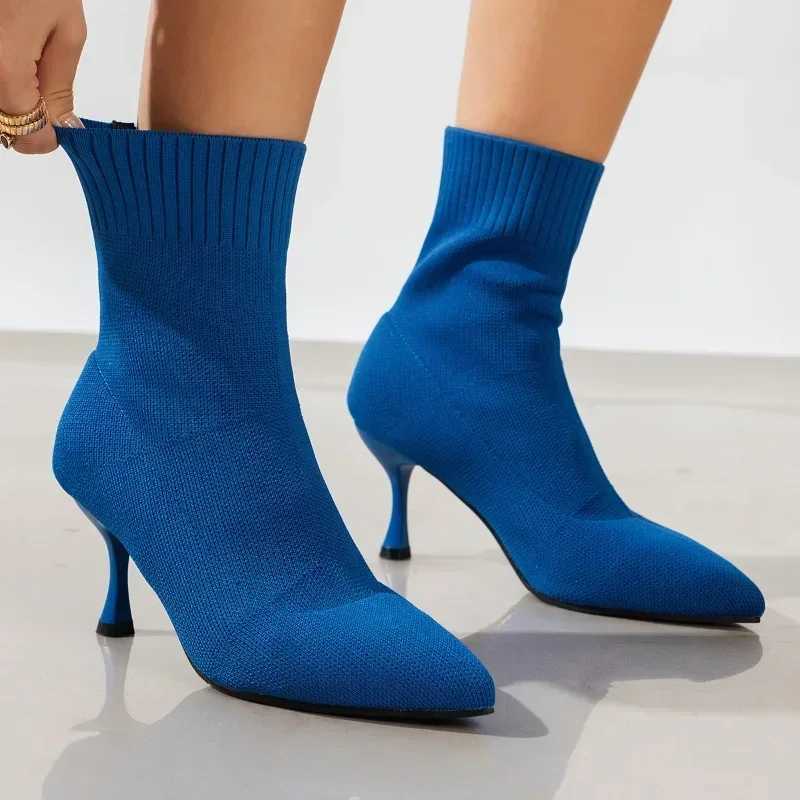 High Quality Womens elastic sock boots autumn and winter slim high heels high-H knitted ankle boots smooth toe high heels Botas Mujer T241113