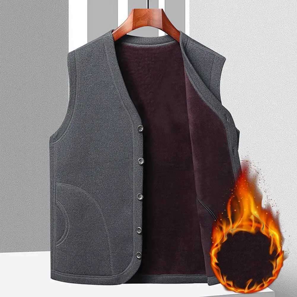 Winter mens single breasted V-neck plush vest with pockets casual cold resistant sleeveless cardigan suitable for autumn W241113