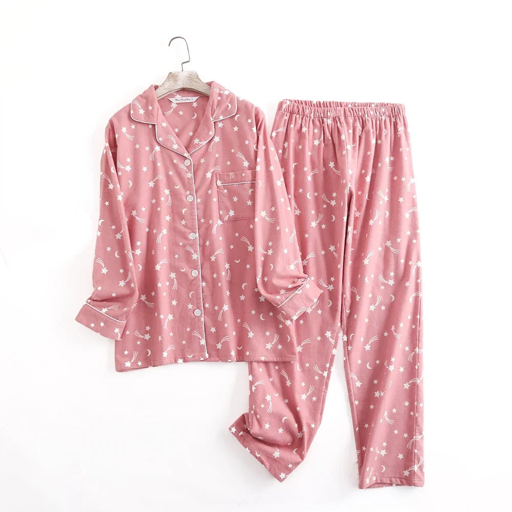 Cotton flannel Trouser Set suitable for family wear simple printing loose autumn and winter long sleeved pants womens pajama set 241112