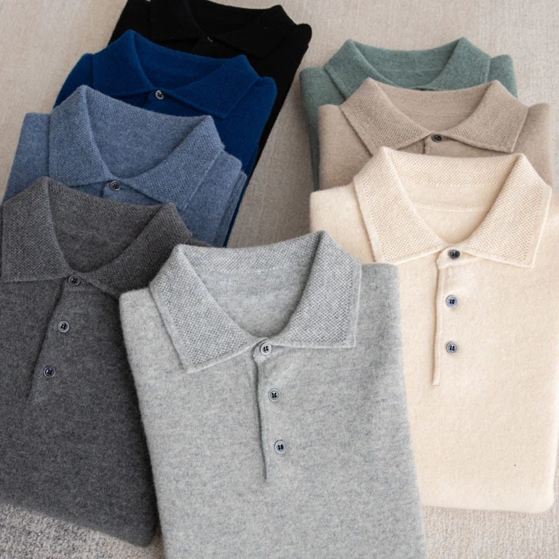 100% Australian wool mens lapel long sleeved polo neck sweater loose top casual knit bottom sweater 241112