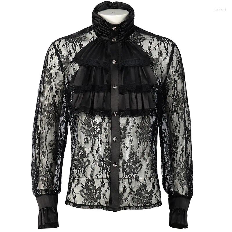 Men's Casual Shirts Men Renaissance Shirt Medieval Lace Gothic Victorian Retro Top Long Sleeve Perspective Stage Pirate Halloween Vampire