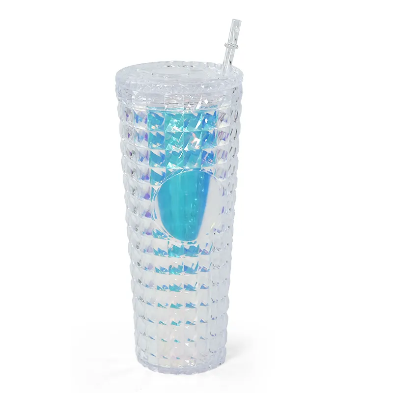 24oz diamond studded acrylic tumblers double walled plastic cup with lid straw 710ml drinking beverage cups electroplating ombre colors