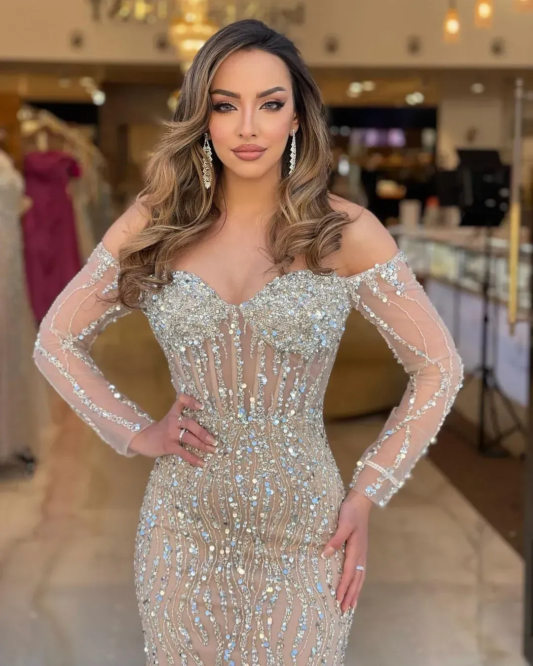 Elegant Champagne mermaid evening dresses Off Shoulder beading formal prom party gowns dresses for special occasions pleats long sleeves evening gown