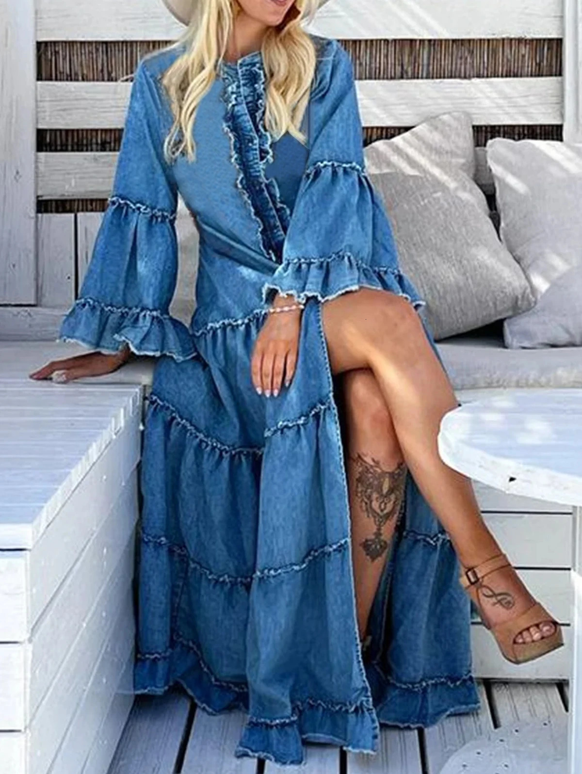 Womens Demin Maxi O neck Irregular Fashion Dress Elegant Party Casual Long Sleeve Solid Seam Ruffle Tank Top 241112