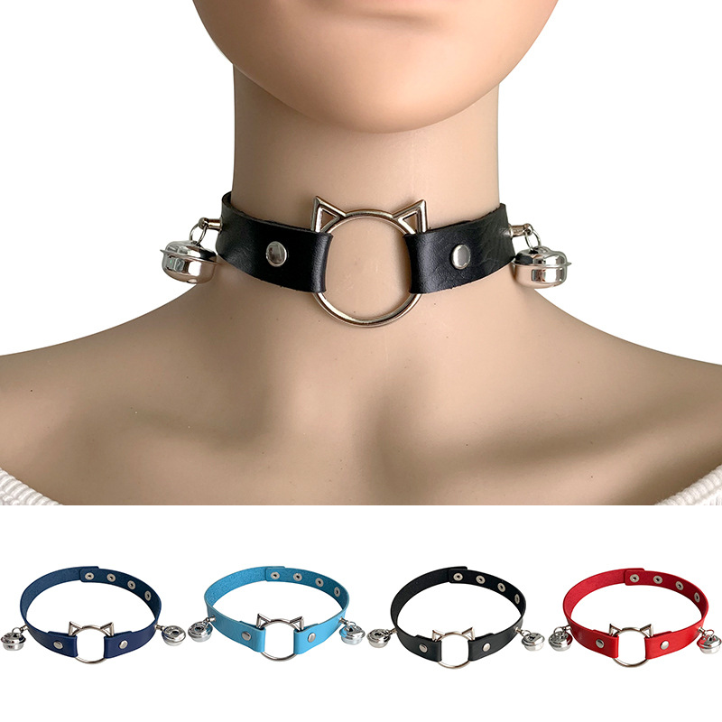 Accessoires de costumes Collier en cuir gothique pour femmes Collier de tour de cou chat punk harajuku cloches collier collier halloween bijoux d