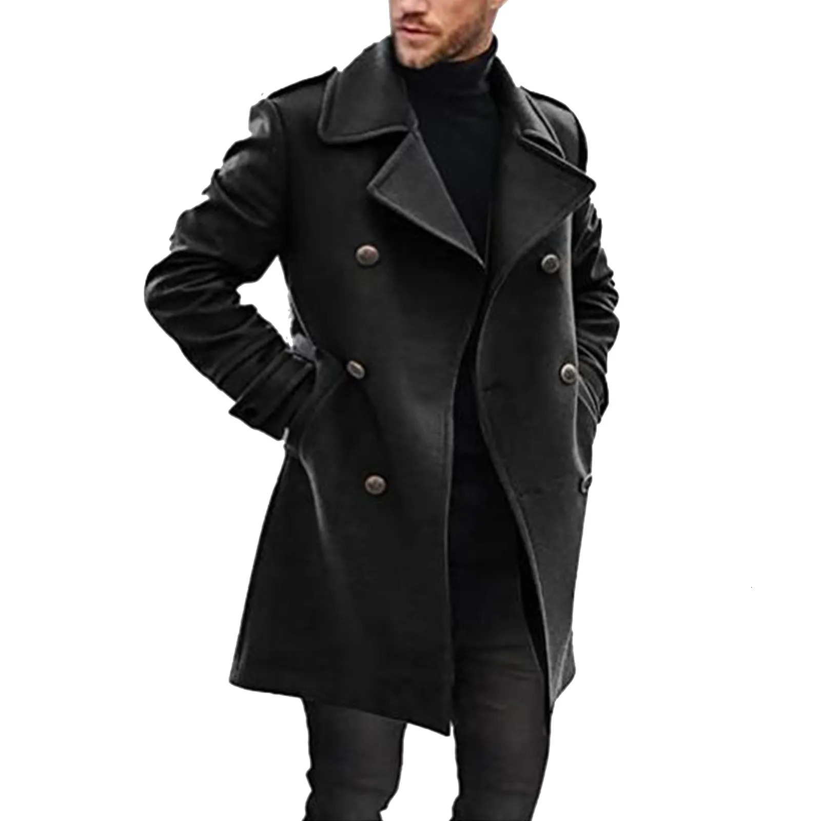 Mens Autumn Fashion Double Breasted Long Woolen Coat Winter European and American Large Lapel Neck Streetwear Suit Wool 241107Z