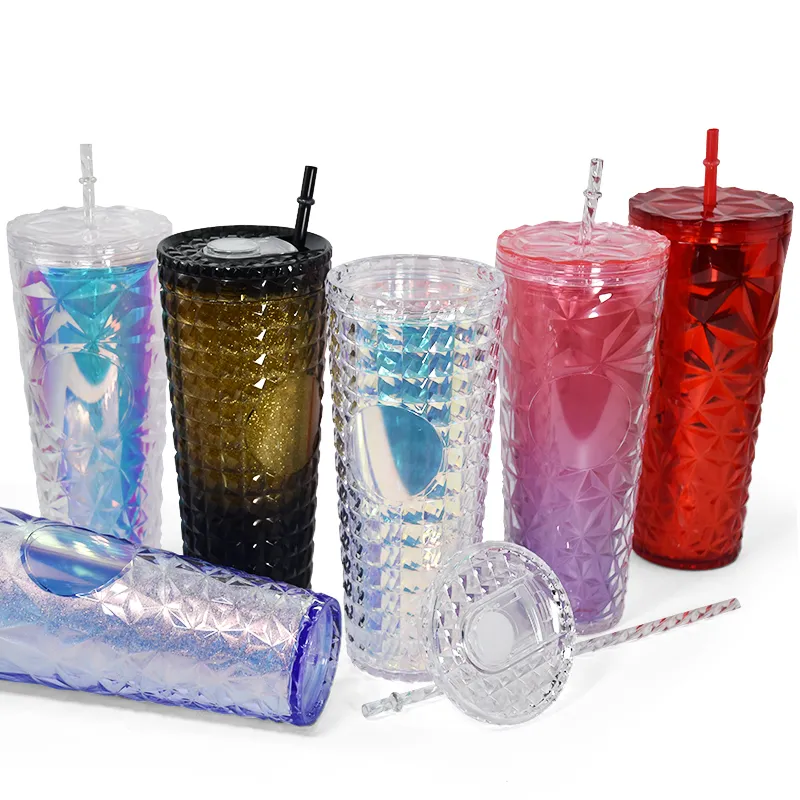 24oz diamond studded acrylic tumblers double walled plastic cup with lid straw 710ml drinking beverage cups electroplating ombre colors