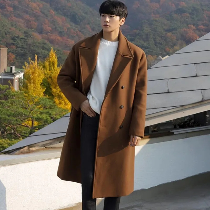 2024 Spring Medium Length Coat Men Fashion Woolen Trench Coats Korean Loose Casual Double Breasted Jackets 241107Z