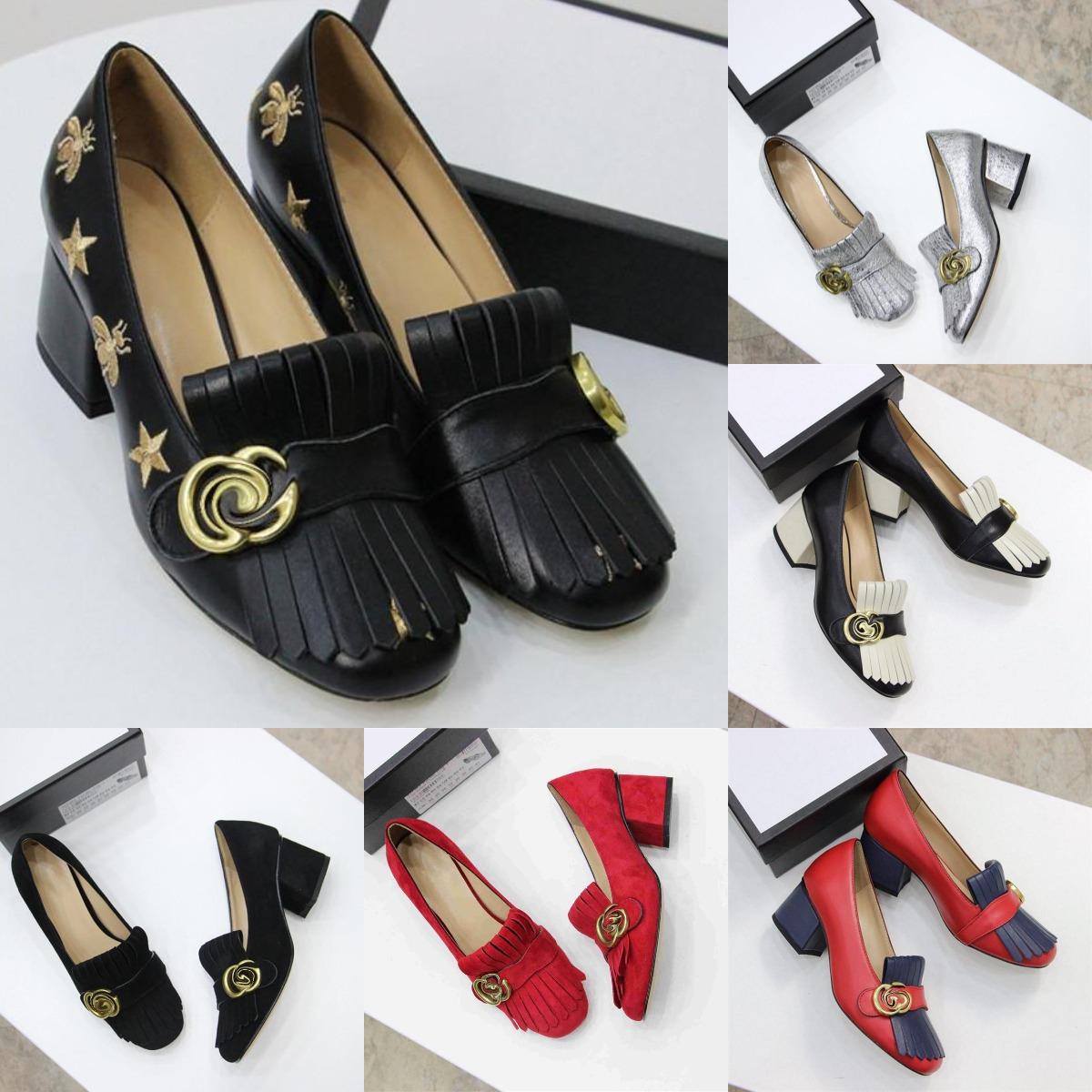 Fashion Classic Mid heels boat shoe Designer Nude Dress shoes leather Thick heel high heels 100% cowhide Tassels Round head Metal Button women Dr-image-966433581