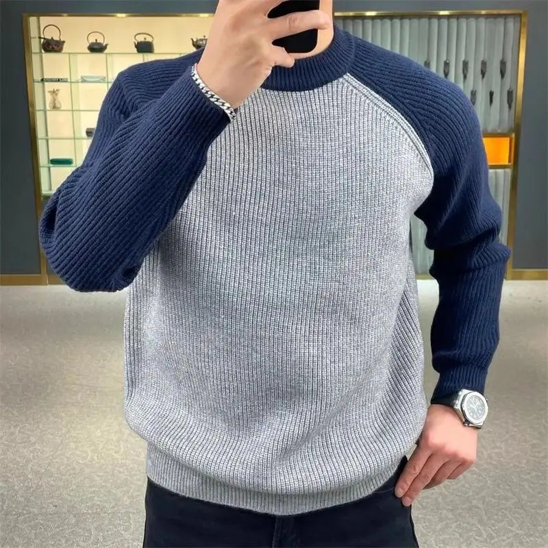 Autumn Winter Mens Sweaters Casual Warm Loose Fashion Patchwork Pullover Retro Harajuku Round Neck Knitted Bottoming Shirt 241107Z