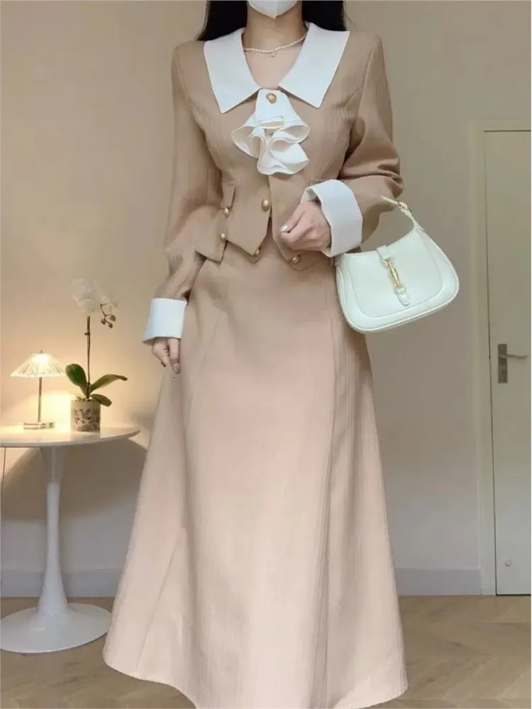 Womens Fragrant Style Lapel Blazer Suit Coat Wrap Midi Skirt OL Sets 2024 Vintage Tie Suit Coat Half Skirt Two Piece Sets 241116