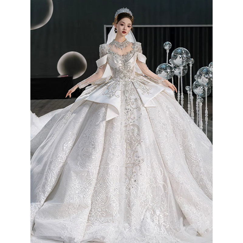 2024 new luxury Satin Wedding Dresses Sexy Beads crystals beaded Ruched Long Train Bridal Gowns Robes Dubai Arabic off shoulder lace up beach bri-image-966322372