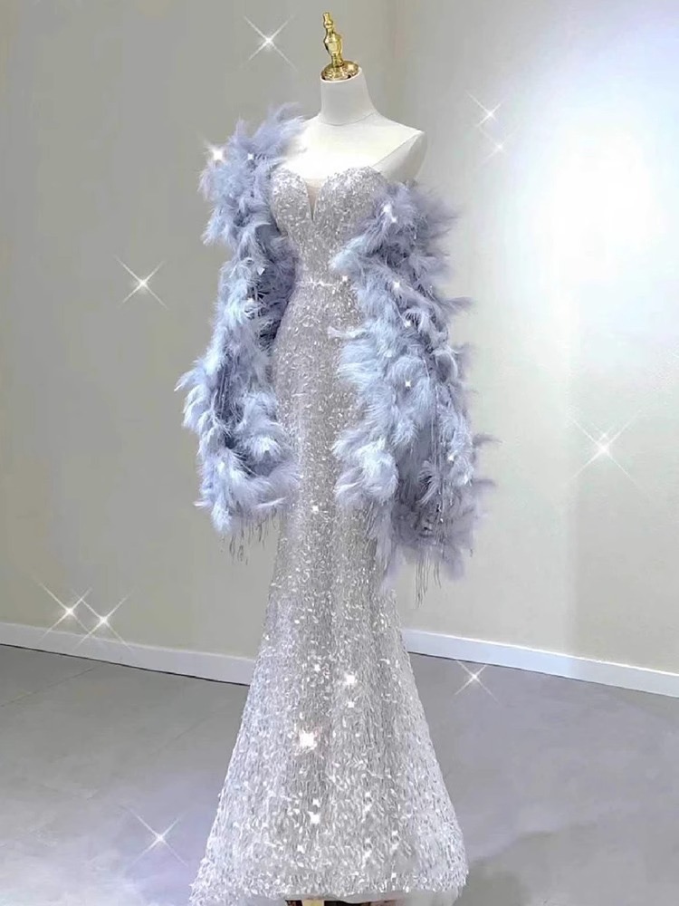 2024 Sexy Backless Lace Wedding Dresses luxury feather shawl New Mermaid bling Ruched Long Bridal Gowns Robes de mariage Custom Made Satin Jewel-image-966327879