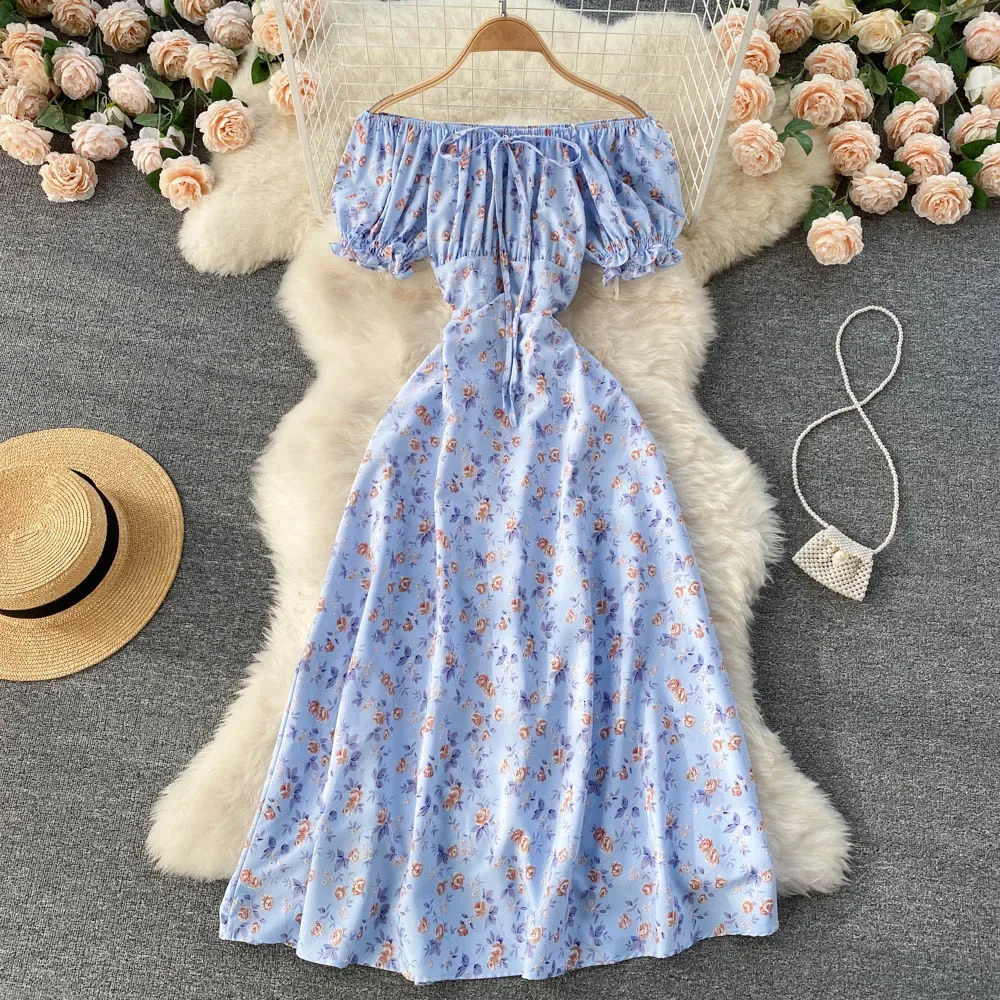 Women Floral Dress bohemian ALine slash neck short sleeves dress summer vintage beach off shoulder Polka Dot Sundress 240403