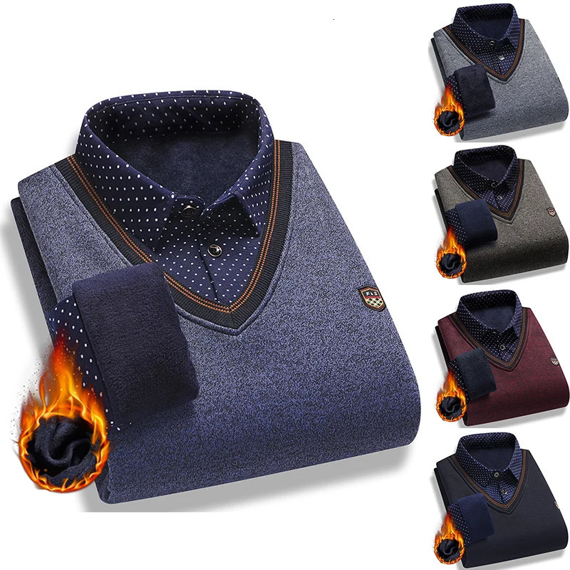 2024 L4XL Autumn and Winter Two Piece Sweater Mens Plush Knitted Warm Inner Wear Casual Versatile Pullover Top 241107Z