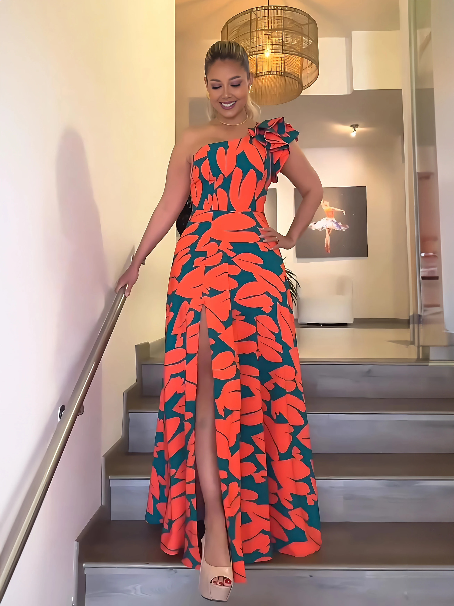 Womens Elegant Floral Printed Long Dresses Casual Strapless A Line Ladies Side Split Summer 240403