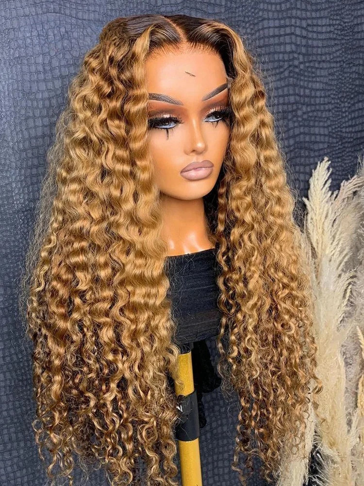 360 Ombre Blond Water Wave Lace Front Wig HD Transparent Ombre Cheveux Humains et Synthétiques Bouclés Mouillés et Ondulés pour Femmes Noires